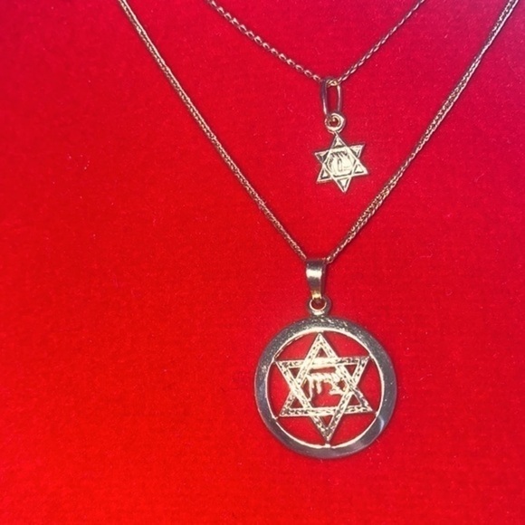 14K Yellow Gold Star Of David Pendant set Necklace - Picture 7 of 9